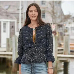 Sundance Alaina Top Black White Gray Floral Print Lace Trim Size XS